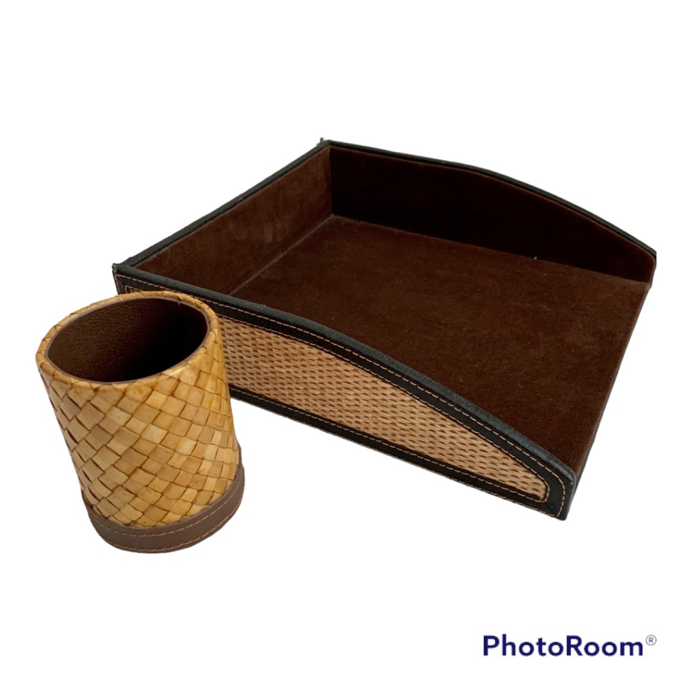Brown Woven with Leather Trim Paper Tray and Pencil Cup Set